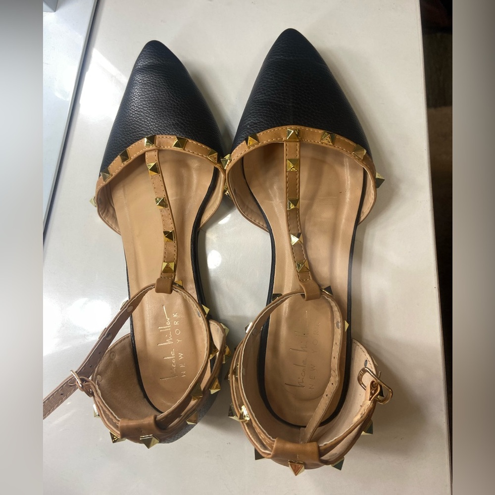 Nicole Miller Black and Tan Studded Flats